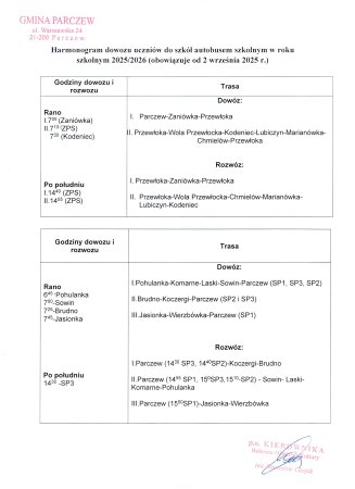 Harmonogram dowożenia uczniów w r. szk. 2025/2026 — zdjęcie 1